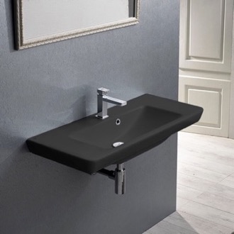 Bathroom Sink Rectangular Matte Black Ceramic Wall Mounted or Drop In Sink CeraStyle 068307-U-97